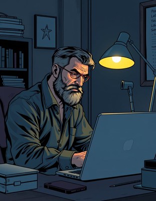 A man works late at night on his laptop