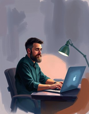 A man works on a laptop in a dimly lit room