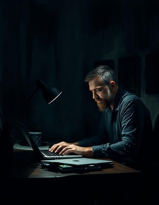 A man works late on a laptop