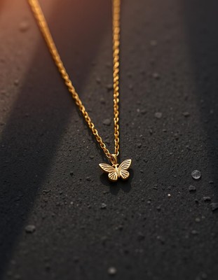 A gold butterfly necklace sits on a dark surface