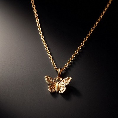 A gold butterfly necklace on a black background