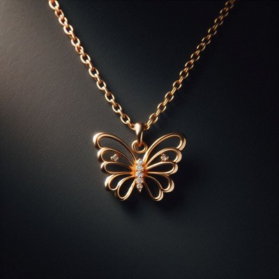 A gold butterfly necklace with diamonds