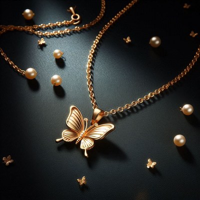 Gold butterfly necklace and earrings on black surface