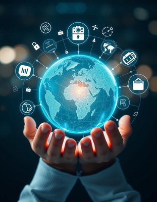 Hands holding a glowing earth with icons