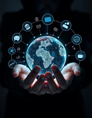 Hands hold a glowing globe surrounded by digital icons