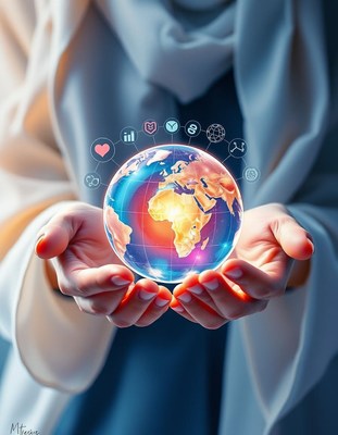 Hands hold a glowing globe surrounded by icons