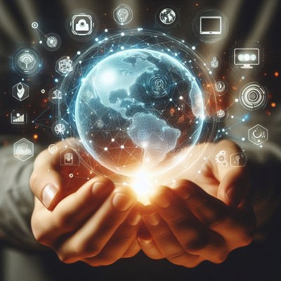 Hands holding a glowing digital globe surrounded by icons