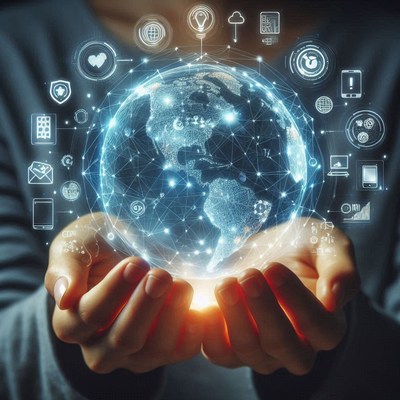 Hands hold a glowing digital globe