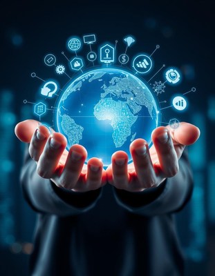 Hands hold a glowing globe surrounded by icons