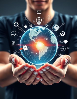 A man holds a digital globe with icons