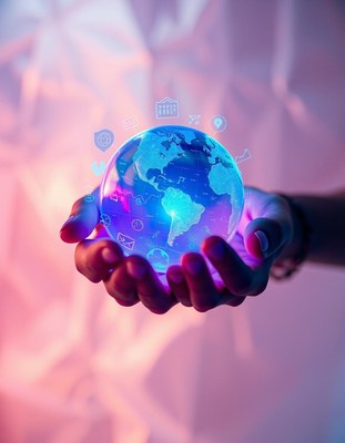 Hands hold a glowing earth with digital icons