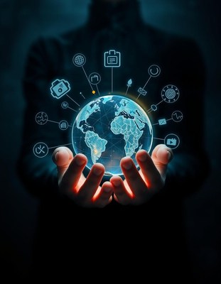 Hands hold a glowing globe surrounded by icons