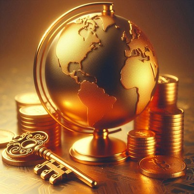 A golden globe sits beside stacks of coins