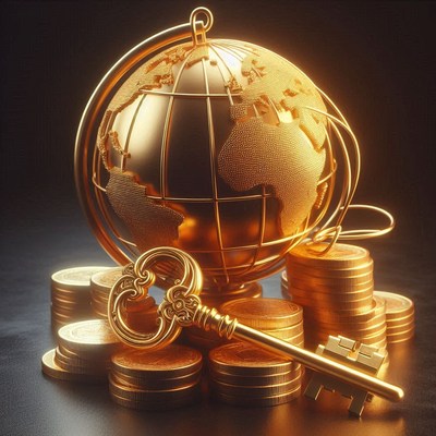 A golden globe sits on stacks of coins with a key