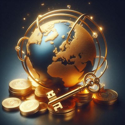 A golden globe with a key and coins