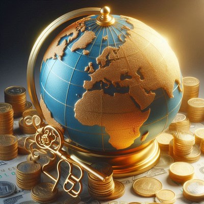 A gold globe sits on a pile of coins