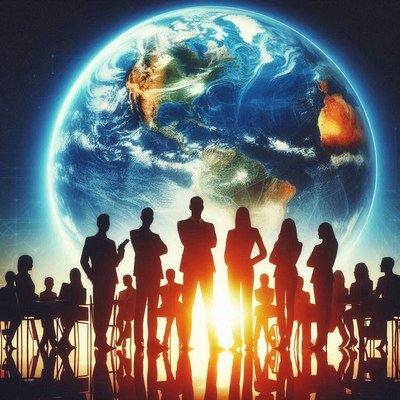 Silhouettes of people stand before a glowing earth