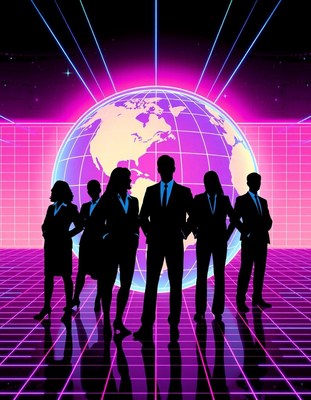 Group stands by a globe in a futuristic scene