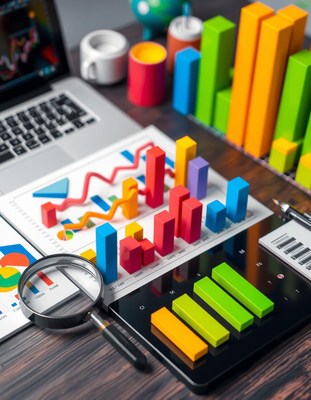 Colorful charts and graphs are spread out on a desk