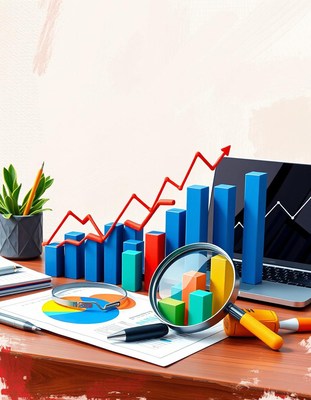 A magnifying glass focuses on a bar graph on a desk