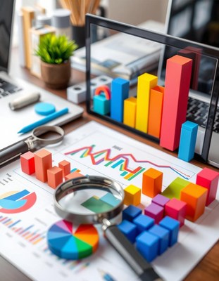 Colorful graphs and a magnifying glass on a desk