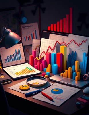 A desk with data analysis charts and a laptop