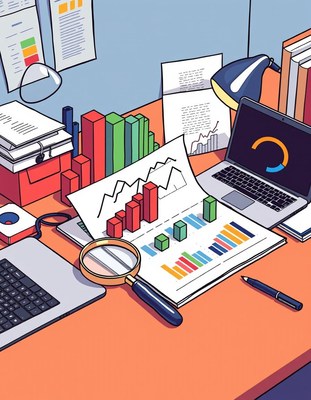 A desk with a laptop, charts, and a magnifying glass