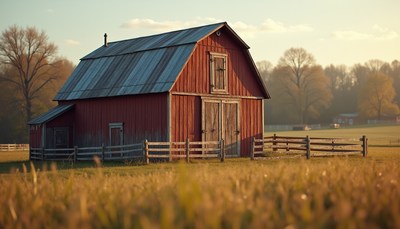 A red barn sits on a farm at sunset