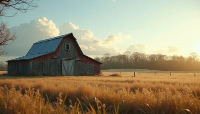 A weathered barn stands in a field of tall grass at sunset