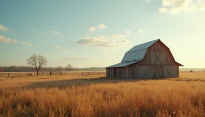 A wooden barn sits in a field of tall grass