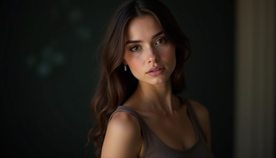 A woman with long brown hair looks over her shoulder