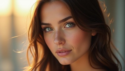 Woman with long brown hair gazes at camera