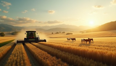 A combine harvester cuts wheat at sunset