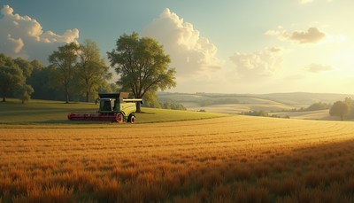 A combine harvester sits in a field of wheat at sunset