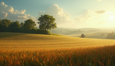 A field of wheat grows under a sunny sky