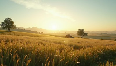 A tractor works a field at sunrise