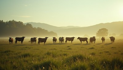 Cows stand in a field at sunrise