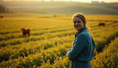 A woman smiles in a field at sunset