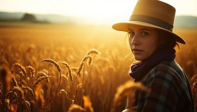 A woman stands in a field of wheat at sunset