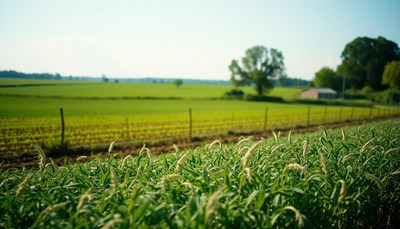 Green grass grows in a field on a sunny day