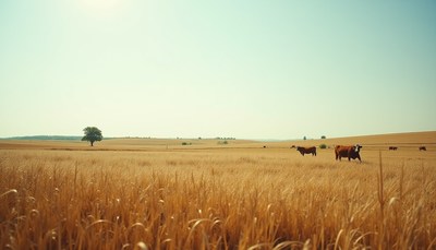 Cows graze in a field of wheat on a sunny day