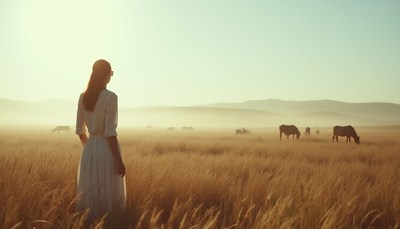 A woman walks through a field of tall grass at sunrise