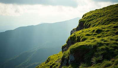 A grassy mountain peak with a stunning view