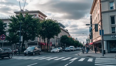 Cars drive through a city street