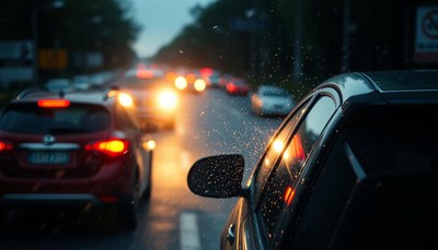 A car drives through city traffic at night