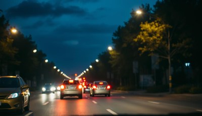 Cars drive on a road lined with trees at night