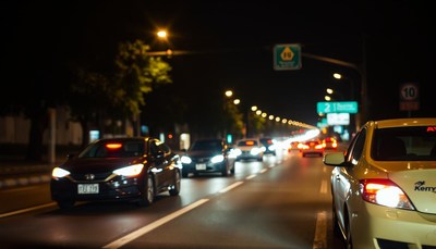 Cars drive down a city street at night