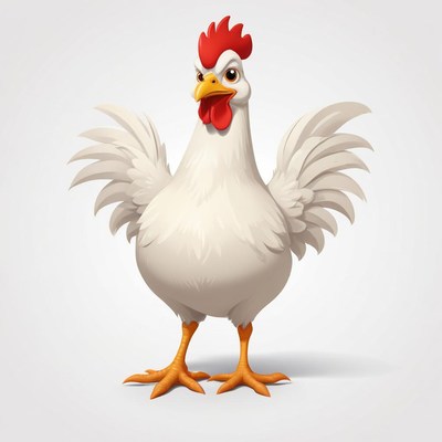 A white rooster stands with wings spread