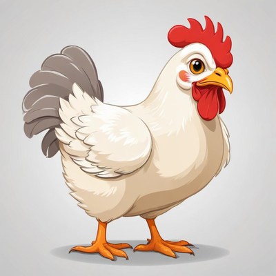 A white hen stands on a gray background