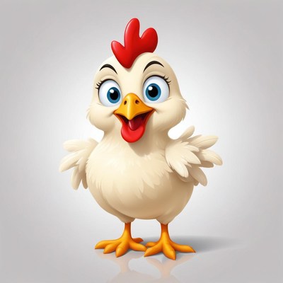 A cartoon chicken smiles against a gray background